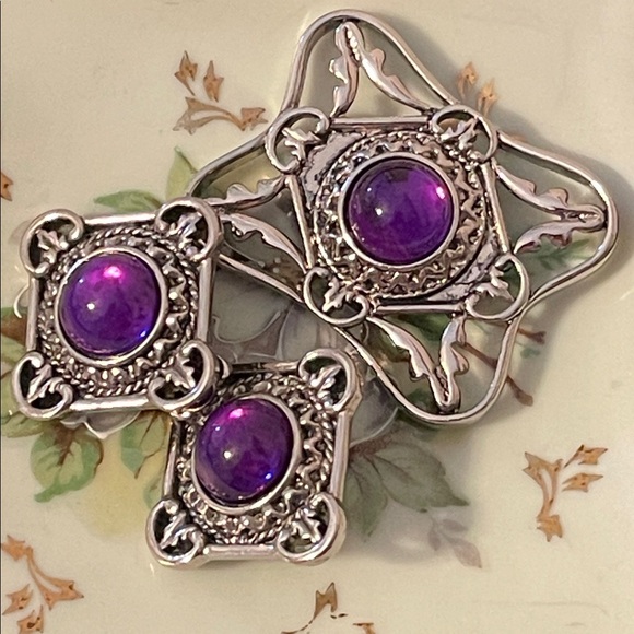 Avon Jewelry - 1992 Avon “Bold and Classic” Purple Glass Cabochon Clip-on Earrings & Brooch